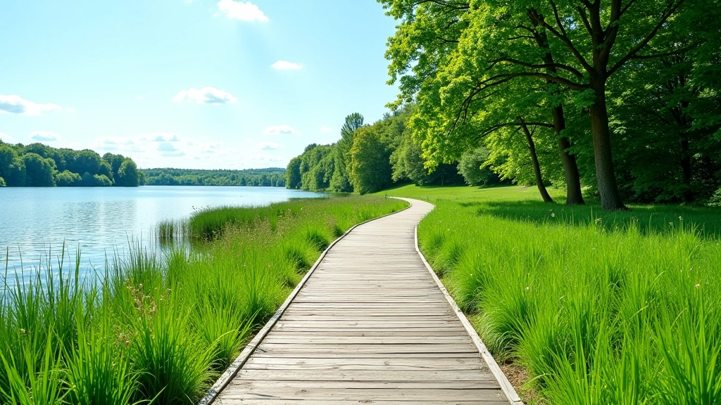 Kauno marių pakrantė vasarą su žalia žole, mediniu takeliu ir vandeniu horizonte, saulesėlytė šviečia